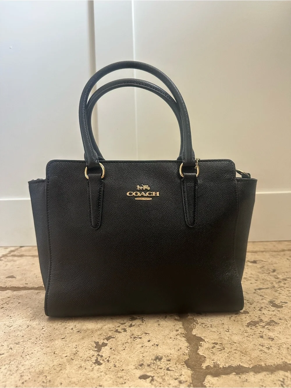 Coach Leah Satchel Black Crossgrain Leather Gold Hardware